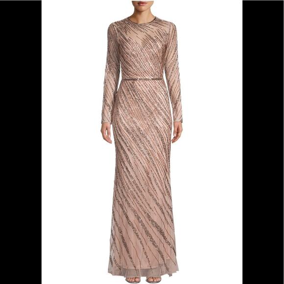 MacDuggal Mocha Stunning Sequins Beads Sweetheart Neck Long Sleeves Gown Sz6 NWT - Picture 1 of 16